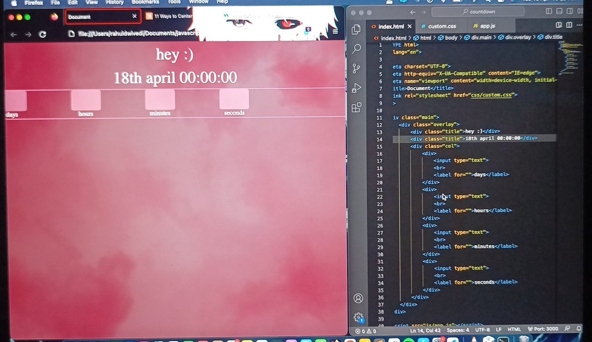 rollwoosh's tweet photo. day 1 of 100 days of code
since i know programming basics
starting off by learning javascript by making a few projects
first project countdown timer🕑
- made html part which contains greetings and date 
- on css part, cus we stay in style
#100DaysOfCode #javascript #project https://t.co/5p4sygp25u
