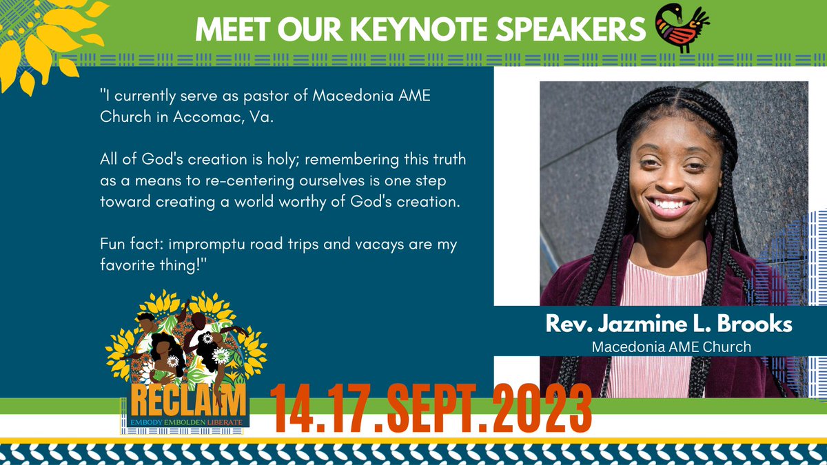 Meet Keynote speaker Rev. Jazmine L. Brooks! Her work includes cross-cultural progr, prof. development, advocacy &amp; more!

Save your spot, Register here ow.ly/oEeZ50NLzAq

Reclaim Sept 14-17
Early bird closes April 30!

#Reclaim #AfricanDescentMinisitries #Advocacy