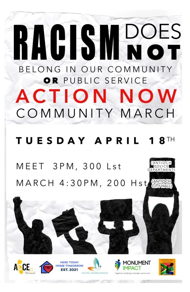 CalOrganize's tweet photo. ANTIOCH ACTION ALERT 🚨 Join us and allies TODAY at 3:00pm to MARCH against the Antioch Police Dept for their RACIST text messages recently released to the public &amp; demand ACCOUNTABILITY! ✊

Let the Antioch Police Dept know that there is NO PLACE for hate in Antioch! 🚫 https://t.co/46MnjrBT4Y