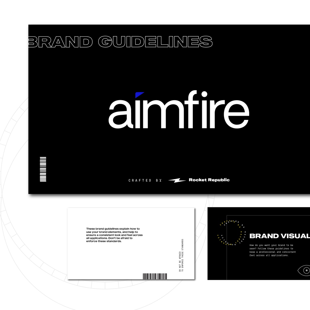 rocketrepublic's tweet photo. At Rocket, we don't just deliver a logo. We craft a cohesive brand identity, with a look and feel unique to your vision, and deliver a Branding Guide that puts all the pieces together. Here's a deeper look into Aimfire's brand, a recent client of ours. ⁠https://t.co/TBj1vaxFpR https://t.co/FtPVRhKy8a