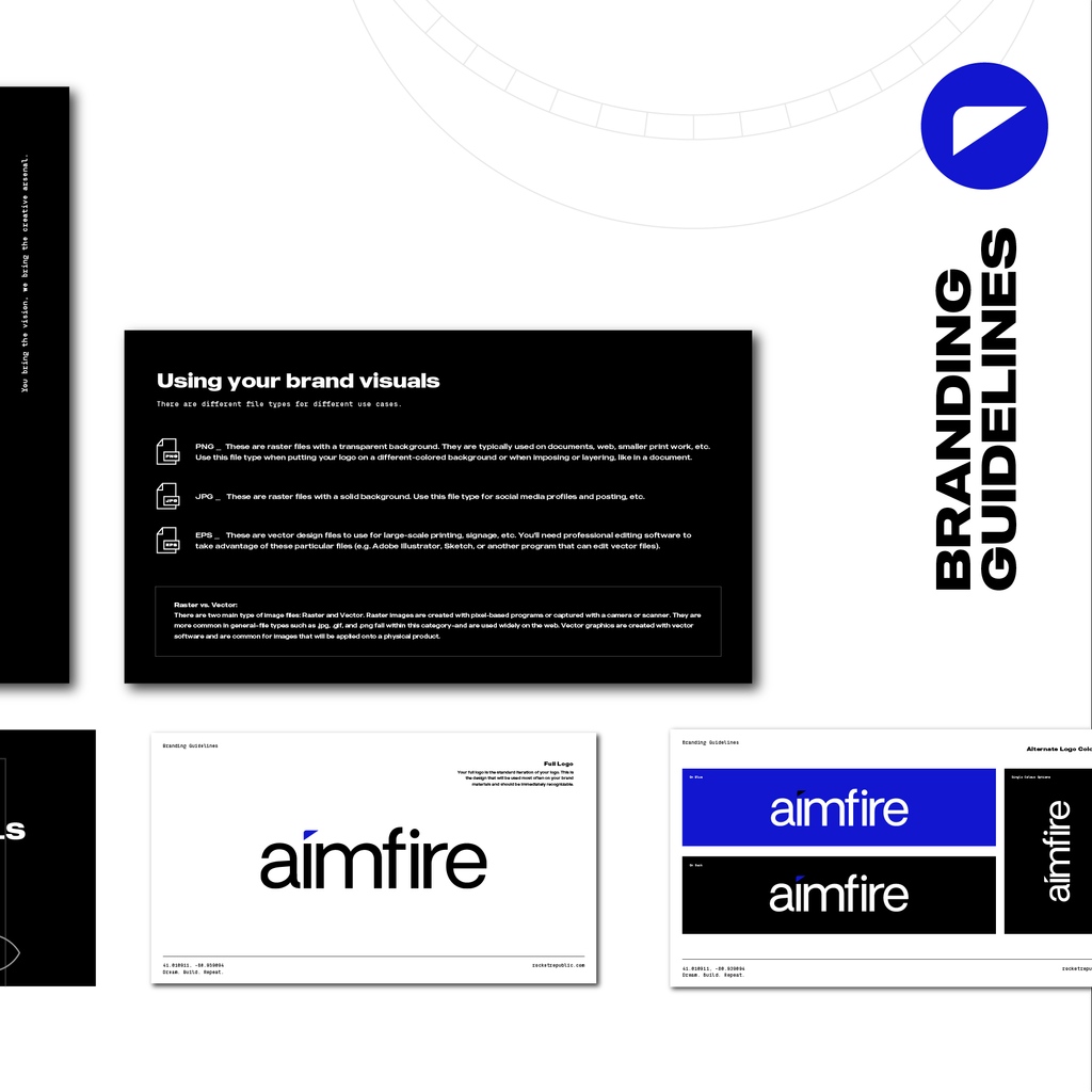 rocketrepublic's tweet photo. At Rocket, we don't just deliver a logo. We craft a cohesive brand identity, with a look and feel unique to your vision, and deliver a Branding Guide that puts all the pieces together. Here's a deeper look into Aimfire's brand, a recent client of ours. ⁠https://t.co/TBj1vaxFpR https://t.co/FtPVRhKy8a