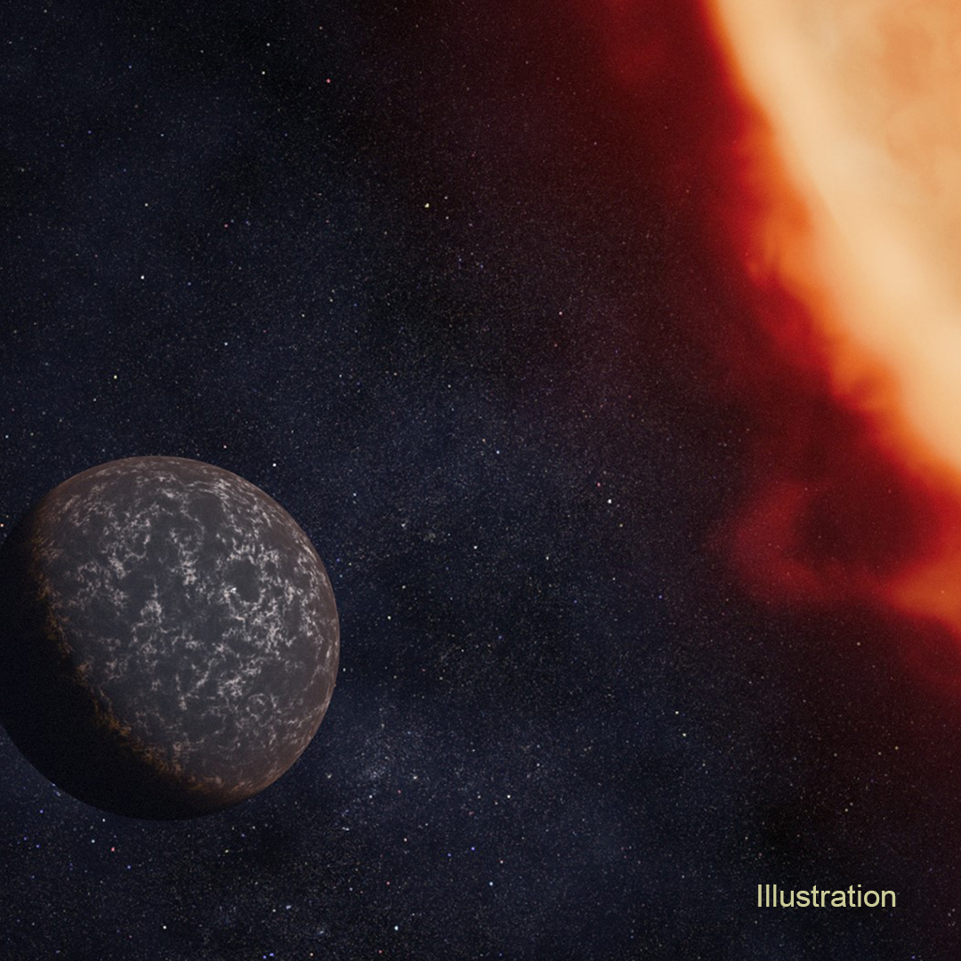 An illustration shows a mottled, rocky exoplanet very close to its orange star with reddish flares against star-filled black space.