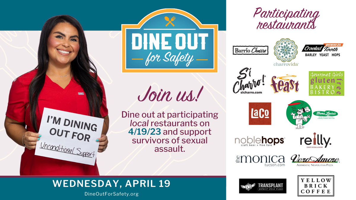 whatsuptucson's tweet photo. Dine Out for Safety and show your support for survivors of assault!

Choose from 18 local restaurants tomorrow (April 19) and make a difference in your community.

See all the restaurants and info: https://t.co/90n3JOZDgk

@SACASA_AZ 
#DineOutForSafety #DineOutTucson #ad https://t.co/UWnXHLYUSt