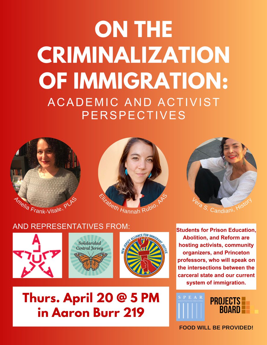 Will be in convo this Thurs w/ brilliant colleagues + @princetonSPEAR on the state of crimmigration and immigrant organizing responses. Excited to learn more about the abolitionist work on campus. Princeton folks come thru! @afrankvitale @PrincetonEFF @PrincetonAnthro
