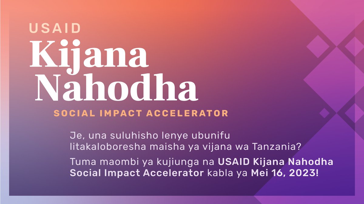 🎉T-MARC, Tanzania Youth Coalition, YLabs na CARE wanafuraha ya kukuletea USAID Kijana Nahodha Social Impact Accelerator!

📝Tunatafuta mawazo yanalenga kuwekeza katika mabadiliko chanya kwa ustawi wa vijana kwenye jamii, kiuchumi na kiafya.

Tuma maombi:🔗buff.ly/40hwM1J