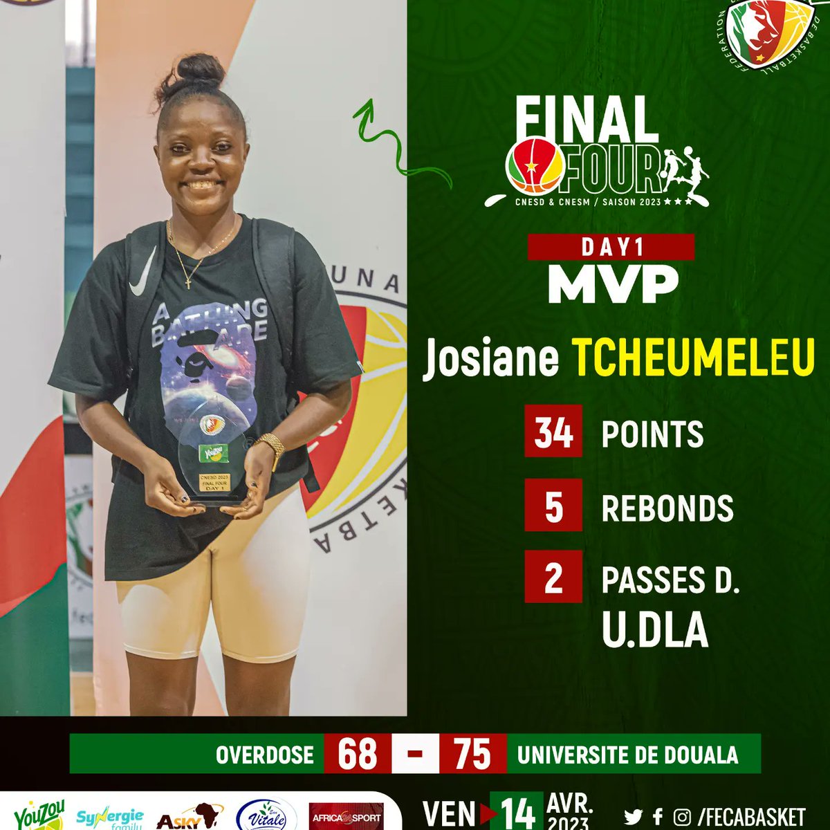 FECABASKET's tweet photo. MVP de la 1ère journée du #Final4 chez les dames.💥🙌🇨🇲🎯
#CNESD #elitesd2023🏀🇨🇲 #FibaAfrique #Douala #Yaounde #cameroon #getogether #Final4 https://t.co/dcRBHcc0HY