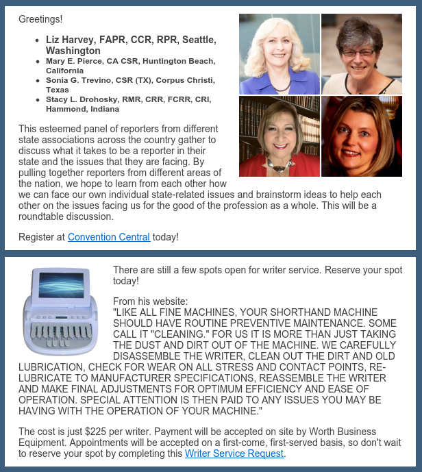 Don't put it off any longer!  Register today for virtual or in-person convention:  tinyurl.com/3pvf7jzh 
Show your writer some TLC.  A few spots for service are still available: tinyurl.com/59n3ksxx