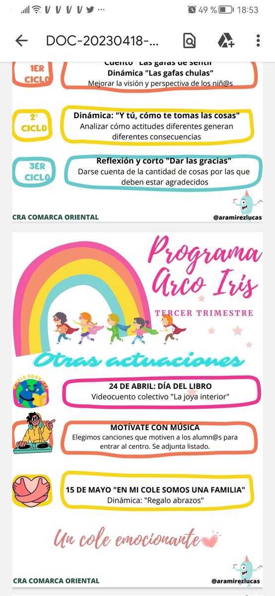 ARAMIREZLUCAS's tweet photo. Aquí os dejo la #PROGRAMACIÓNDEEDUCACIONEMOCIONAL diseñada para este trimestre. Algunas propuestas son propias y otras adaptaciones del Programa Arco Iris de @anapeinadop y @raulgallegor, quien hace unos años nos animó a poner en marcha este programa en el centro.@ProgramasRM https://t.co/GOEe2XPele