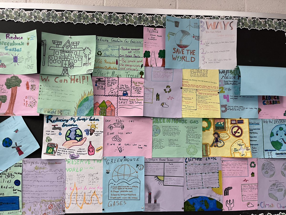 BUMaddieMAED's tweet photo. After my students completed their project on ways to reduce carbon emissions, I displayed their artwork on the wall until the end of the year. #bc5243 https://t.co/6pE4wh9NkB