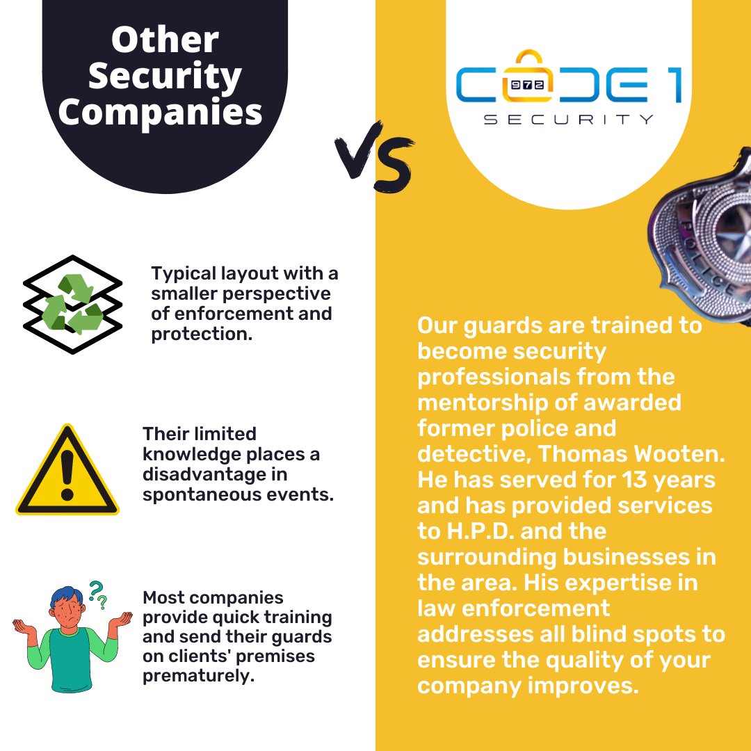 code1security_'s tweet image. Why Code 1 Security?  Here are the facts ! We are set apart because we provide the security you need to keep your property protected. Our guards are professional and handle conflict well under pressure. Get in touch at 346-245-8892! 
-
-
-
-
-
-
-
-
-

#securityguard #codeone #co