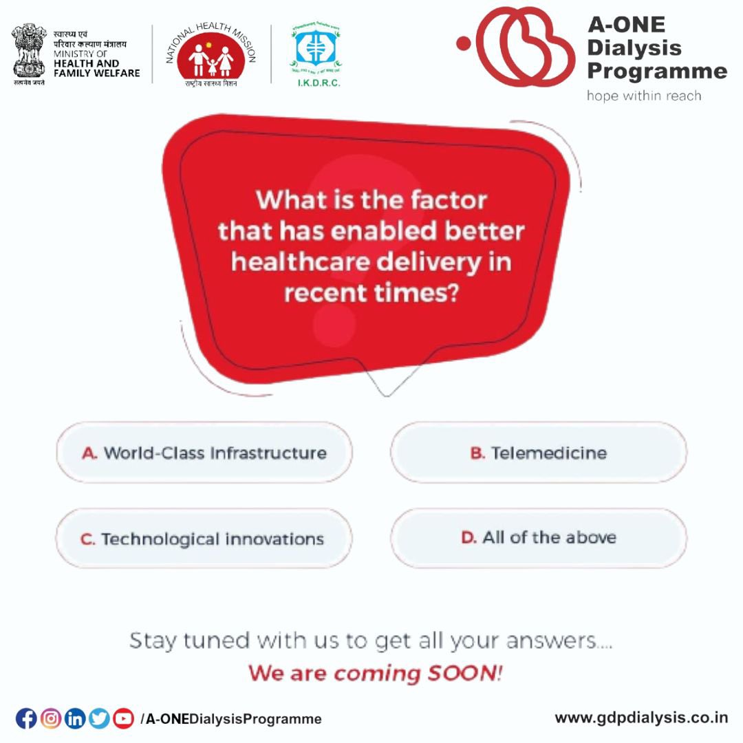 AONEDialysis's tweet photo. What is the factor that has enabled better healthcare delivery in recent times

#gujaratdialysisprogramme  #gujaratgovernment #cabinetmeeting #gujarat #GDPcentres #dialysisservice #freedialysis #government #gujarat #NHM #IKDRC #qualitywork #facility #patientcare #patientsafety https://t.co/dwlYFSW8A8