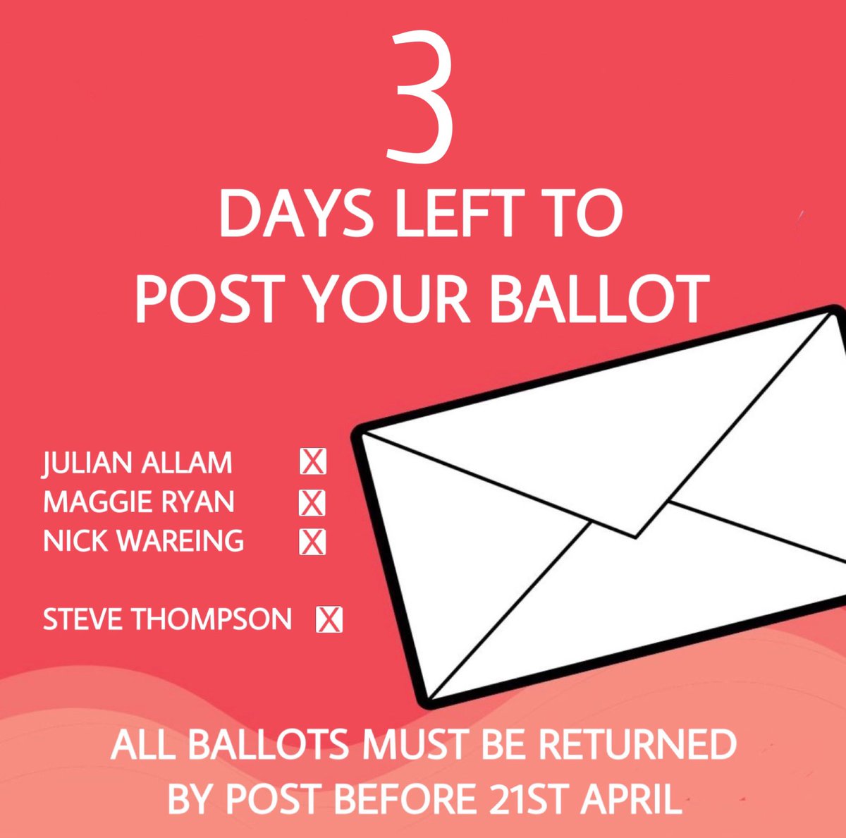 Brother_Che's tweet photo. YOUR COMPLETED BALLOTS MUST BE RETURNED BY POST BEFORE 21st APRIL

Vote JULIAN ALLAM, MAGGIE RYAN and NICK WAREING for the West Midlands territorial seats, and STEVE THOMPSON for the health sector seat. https://t.co/tBPEmQd6Gp