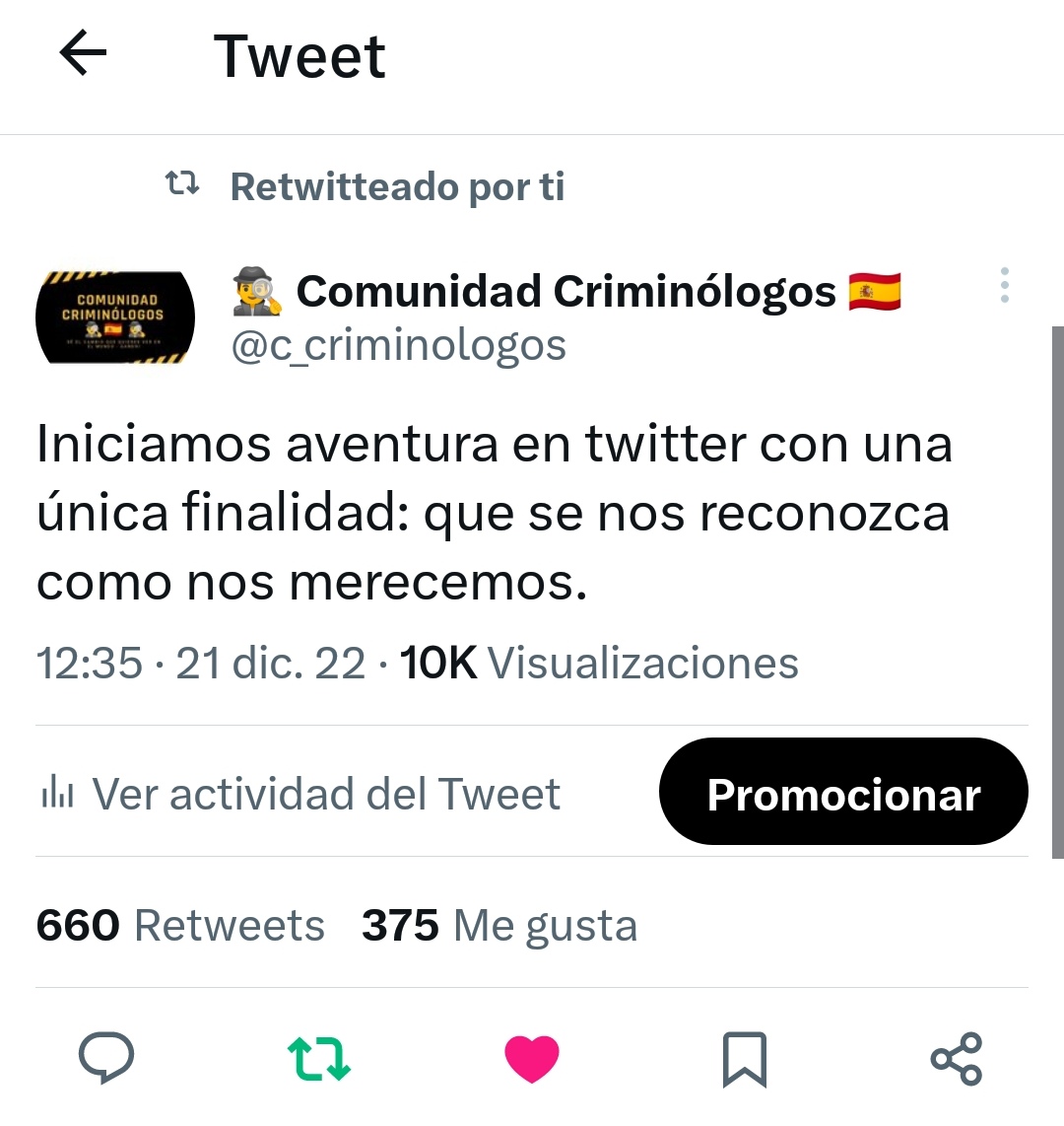 Hemos conseguido 10k visualizaciones en nuestro primer tweet, muchas gracias, no vamos a parar hasta dar la visibilidad que merece la Criminología 🕵️‍♀️🕵️‍♂️💪
