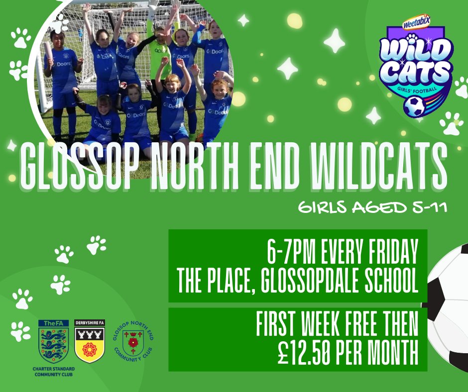 glossopfootball's tweet photo. Our Wildcats sessions run Friday evenings at @gstheplace, aimed at girls aged 5-11. The first week is free, just bring along a water bottle, shin pads &amp; astroturf trainers.  DM for further info! #letherplay #hergametoo #playforyourtown #bestwecanbe #glossop #glossopnorthend https://t.co/lntrhuNQxo