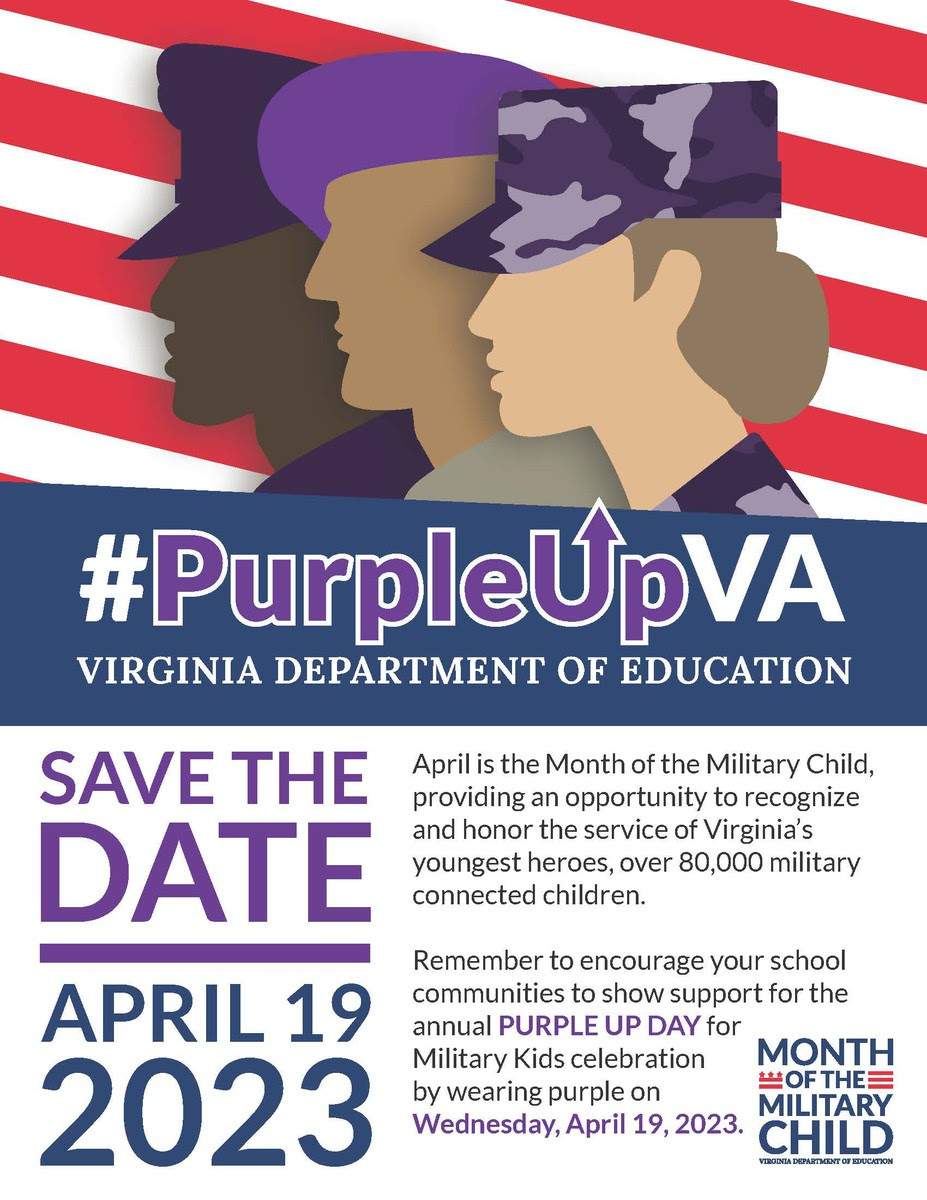Park Ridge Elementary Counseling (@counseling_park) on Twitter photo April is the Month of the Military Child. Tomorrow Park Ridge Elementary School will #PurpleUp to honor the service of Virginia’s youngest heroes and their families. Wear your purple Wednesday, April 19, 2023!
<a href="/SCPSchools/">Stafford Schools</a> #ElevateStafford, #PurpleUpVA April is the Month of the Military Child. Tomorrow Park Ridge Elementary School will #PurpleUp to honor the service of Virginia’s youngest heroes and their families. Wear your purple Wednesday, April 19, 2023!
<a href="/SCPSchools/">Stafford Schools</a> #ElevateStafford, #PurpleUpVA