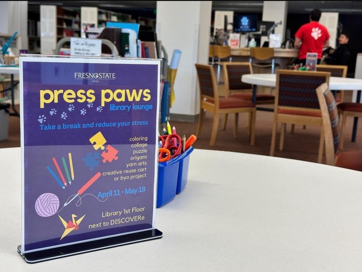 AdjoaAikins1's tweet photo. The Press Paws library lounge is offering students a space to break away with creative activities like knitting, painting and drawing that will improve learning and concentration. Find out more on @FSFocusTV, airing live at 4 p.m. tomorrow.
#MCJ128 #FresnoStateCAH @FSMCJDept https://t.co/nTLpDxOI6L