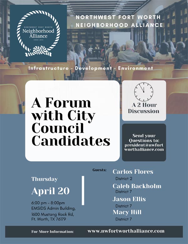 Connect4Safety's tweet photo. With city elections just around the corner,  we continue focusing on our community's safety needs. We invite you to join the NW Fort Worth Neighborhood Alliance on Apr. 20 from 6-8 p.m. when they host a “Forum with City Council Candidates” at the EMS ISD Administration Building. https://t.co/B0hIWEFyF8