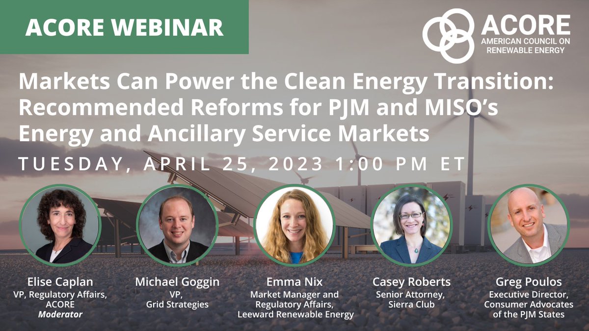 New reports coming out next week: Energy & ancillary market reforms are needed in MISO and PJM to level the playing field and allow wind, solar, and battery storage to fairly compete and utilize their full capabilities. Link to register: acore.secure.nonprofitsoapbox.com/marketscanpower