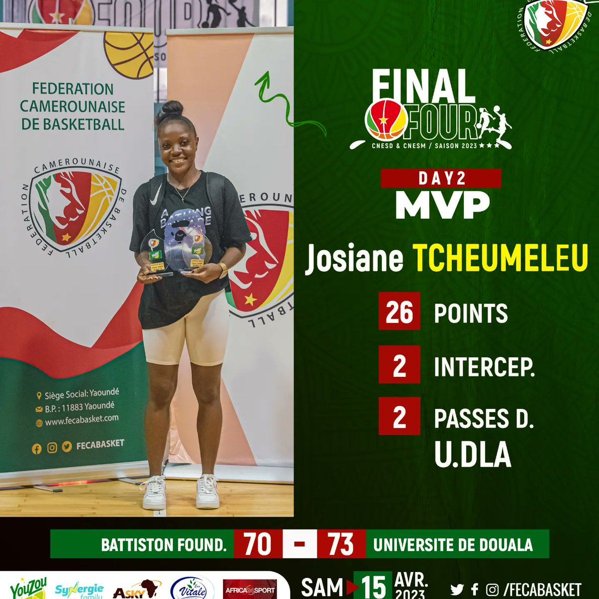 FECABASKET's tweet photo. MVP de la 2ème journée du #Final4 chez les dames.💥🙌🇨🇲🎯
#CNESD #elitesd2023🏀🇨🇲 #FibaAfrique #Douala #Yaounde #cameroon #getogether #Final4 https://t.co/10hW75mkAC