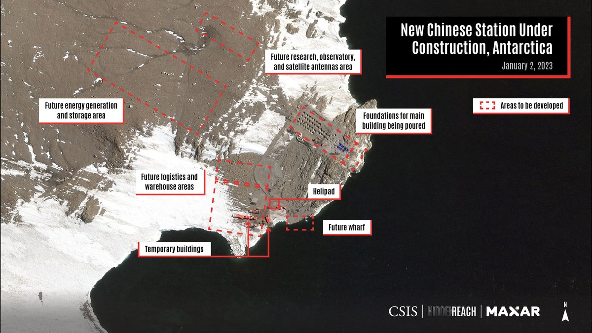 PiQMarkets's tweet photo. 🇨🇳 CHINA RAMPS UP CONSTRUCTION ON NEW ANTARCTIC STATION – REPORT

China is increasing its Antarctic footprint according to new satellite imagery collected by a Washington-based think tank that shows construction has resumed for the first time since 2018 on the country's fifth station in the southern polar region.

CSIS used satellite images taken in January to identify new support facilities, temporary buildings, a helicopter pad, and foundations for a larger main building at the 5,000 square meter (53,820 square feet) station. 

It estimated that construction could be done by 2024.

Read More: https://t.co/3mTh1GKwYh