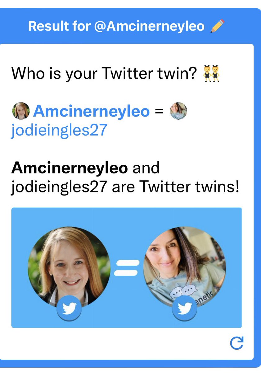 Amcinerneyleo's tweet photo. Totally chuffed! My #TwitterTwin is @jodieingles27!! 🤩
Can I put this on my next #ImpactStatement? 🧐😂
#toastseed https://t.co/E5nixEbOAY