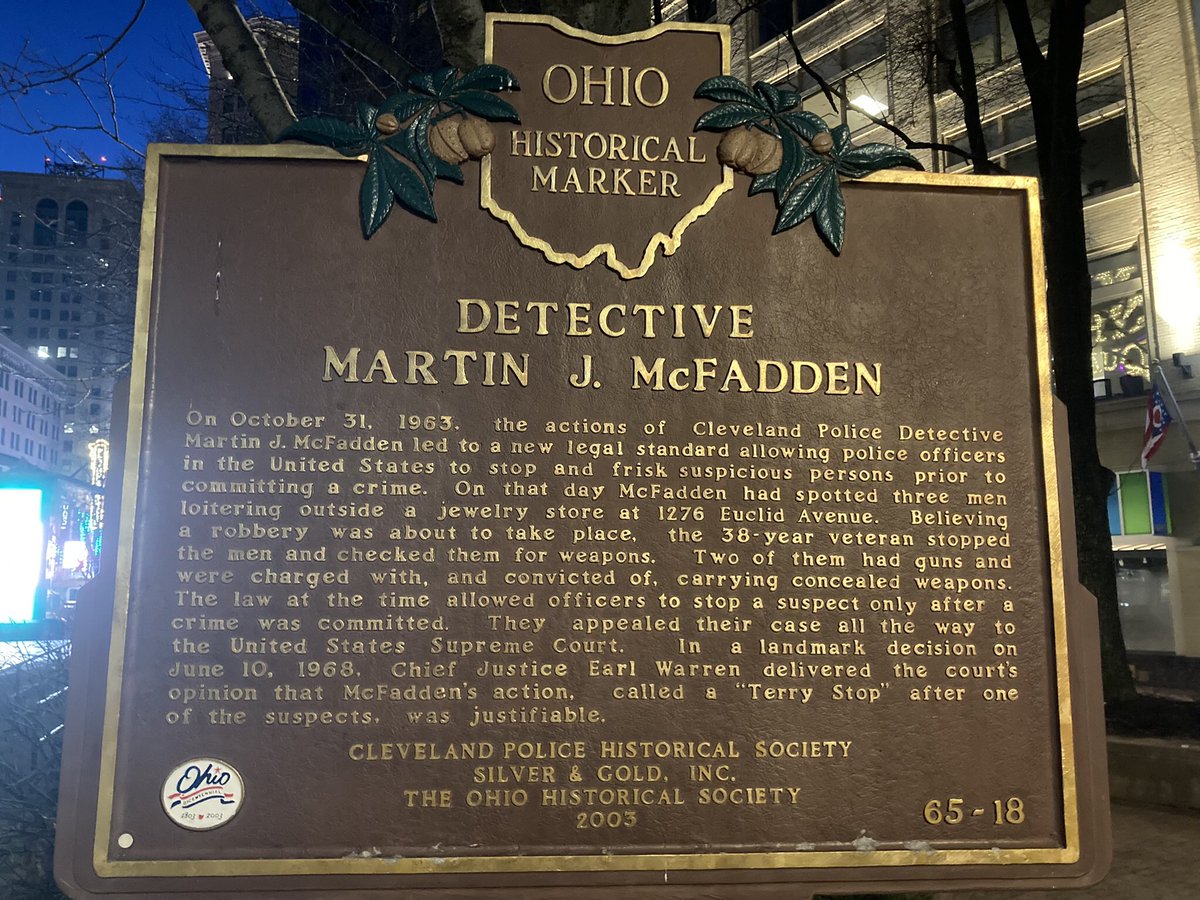 SkrticX's tweet photo. Detective Martin J. McFadden Marker. #TerryStop Intersection of Huron Road and Euclid Avenue. Cleveland. https://t.co/0wr8iKJTYl