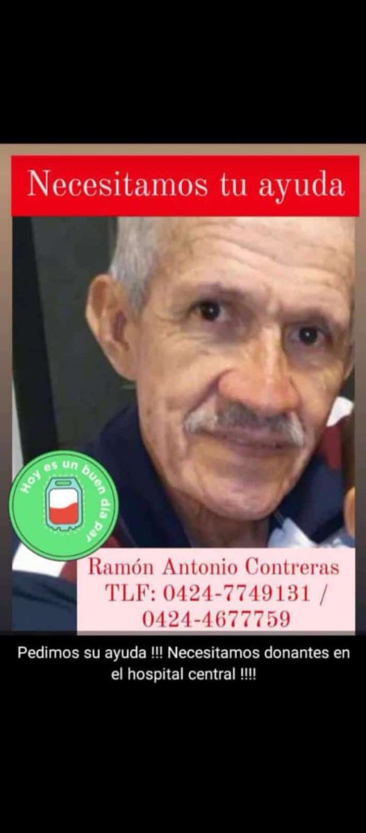 blacavault's tweet photo. Estimado gallinero:
A los que están en Venezuela, específicamente en San Cristóbal, y puedan donar sangre, les pido la colaboración de ir al Hospital Central y donar para el señor Ramón Antonio Contreras.
Y sí no puedes donar, con un RT me ayudan bastante. 
¡Gracias! https://t.co/iSJT9oplqm
