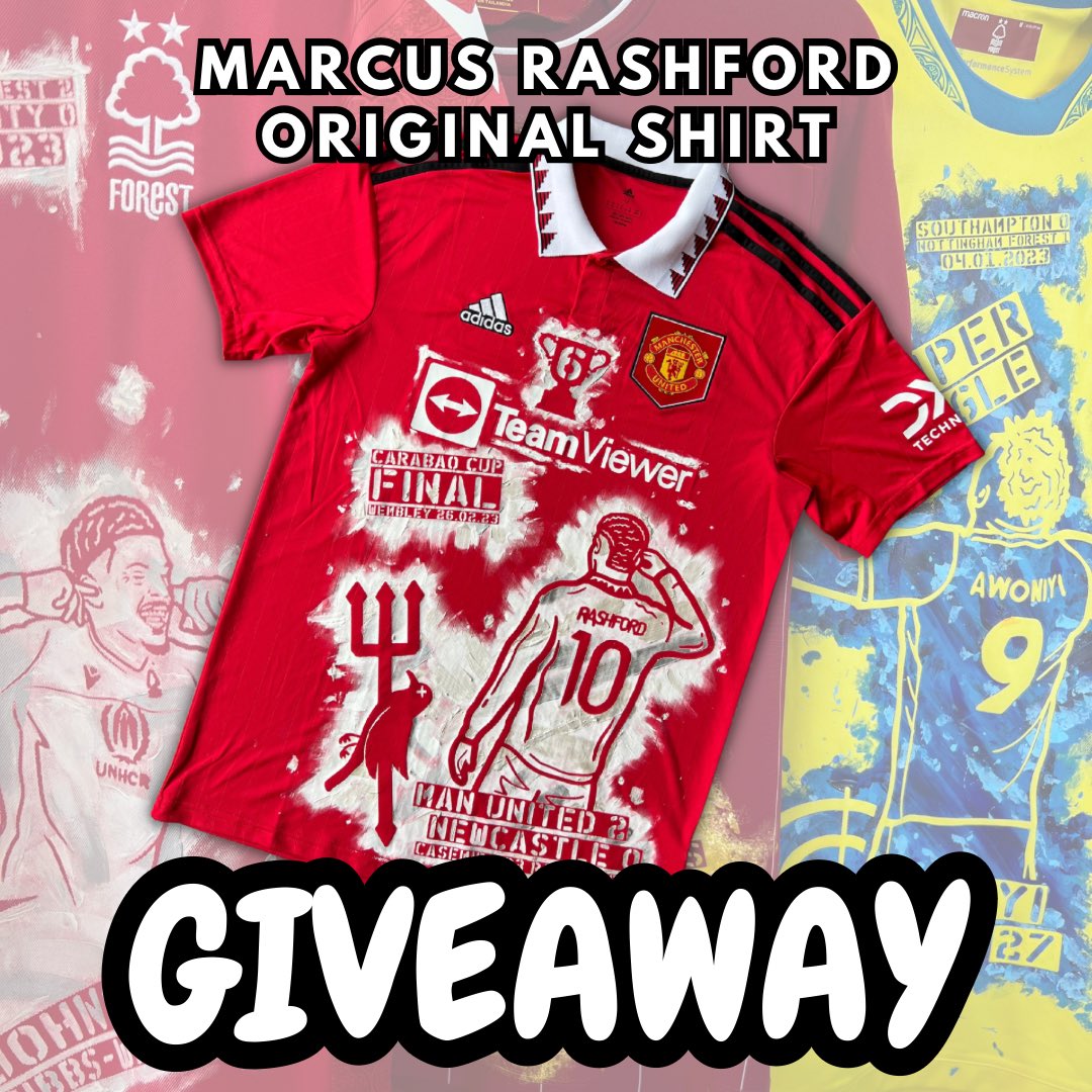 I’m giving one lucky person the chance to win the original painted #MUFC shirt, commemorating their league cup win.

All you have to do is Follow, Like and Retweet this post for your chance to win.

Winner will be announced Sunday 23rd April!

Good luck! ⚽️✨