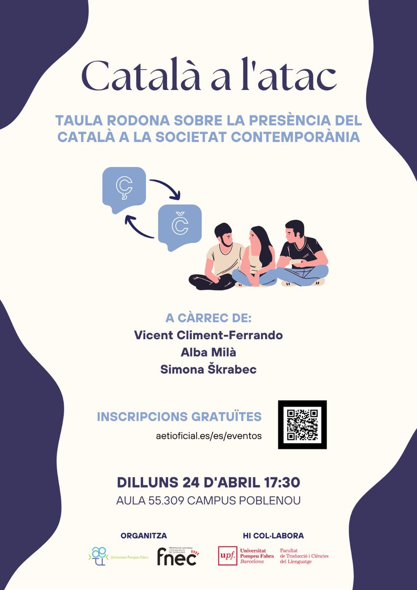 ¿Quieres saber más sobre la situación actual del catalán? ¿Te interesa la política lingüística? ¿Y cómo afectan las redes a una lengua minoritaria?

¡Ven a la mesa redonda "Català a l'atac"!

🗓️ 24/04/23
🕓 17.30h
📌 55.309 y Zoom

Inscripcions: aetioficial.es/evento/catala-…

@FnecUpf
