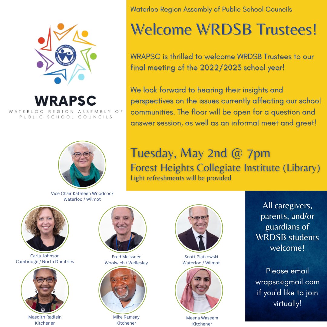 WRAPSC_WRDSB's tweet photo. #WRAPSC is thrilled to welcome #WRDSB Trustees to our final meeting of the 2022/2023 school year!
Please join us on Tuesday, May 2nd at 7pm in the library of Forest Heights Collegiate Institute.
#WRAPSC #PIC #WRDSB #OntEd #PublicSchools #Trustees #SchoolCouncils # https://t.co/OK2fIyd5to