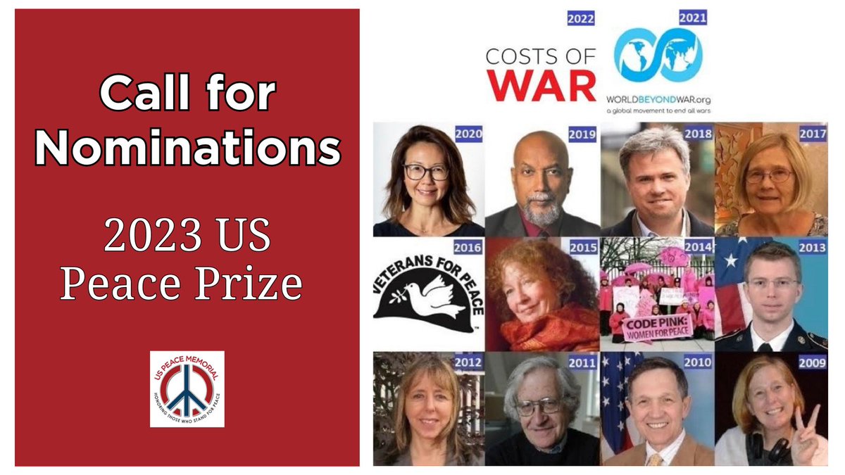 DrMichaelDKnox's tweet photo. Nominations for the 2023 US Peace Prize are still open until April 30th! The US Peace Prize recognizes and honors the most outstanding American antiwar leaders.
See the nomination process at
https://t.co/LTcW16n16z
#nominations #callingforpeace #peace https://t.co/jpW3jQmby6