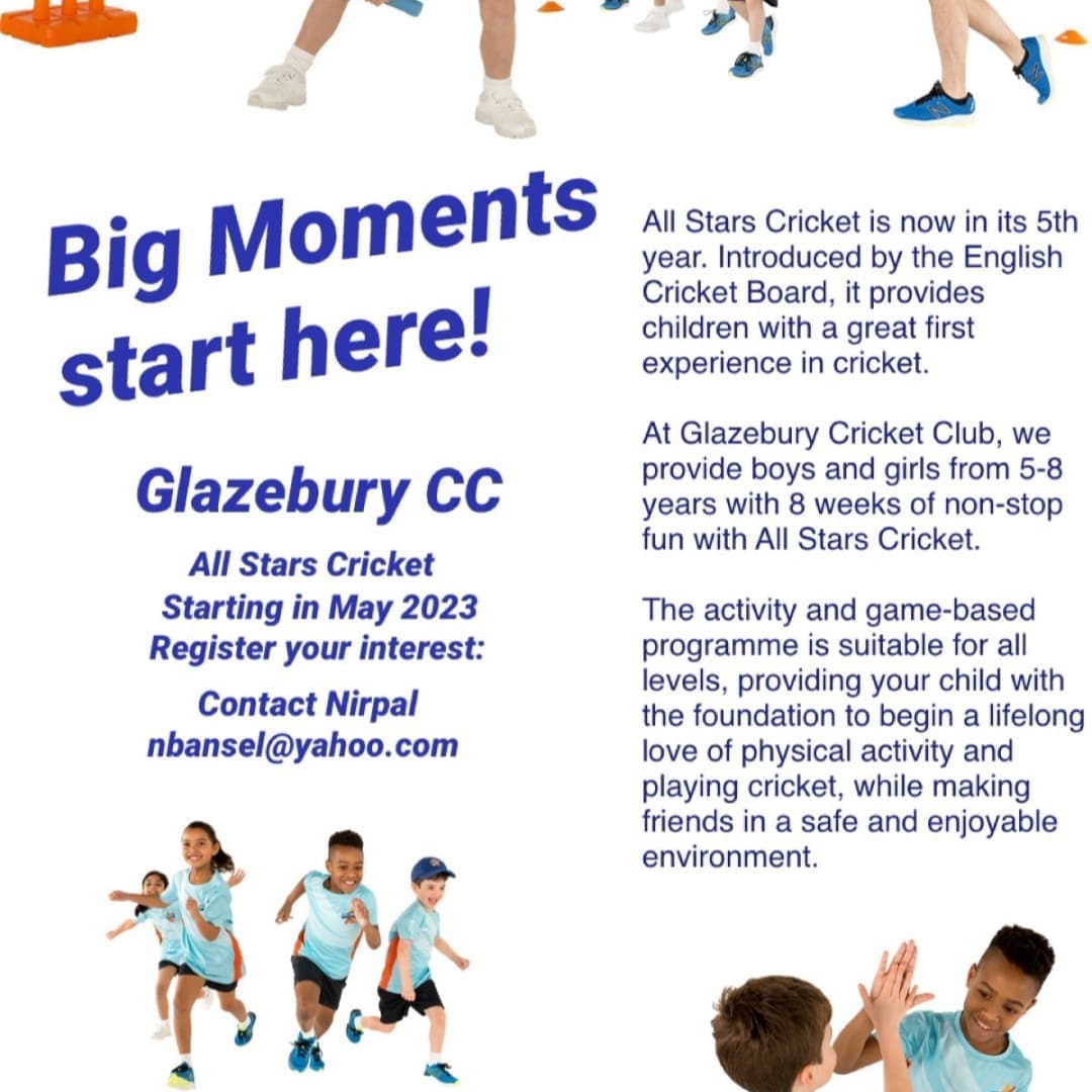 Looking for a fun, friendly sport for 5-8 year olds every Saturday? Then All Stars Cricket is perfect.

FREE taster session: Saturday 13th of May, 9:45am-10:30am. 

Link to sign up: ecb.clubspark.uk/AllStars/BookC… 

Contact Nirpal for further information: nbansel@yahoo.com