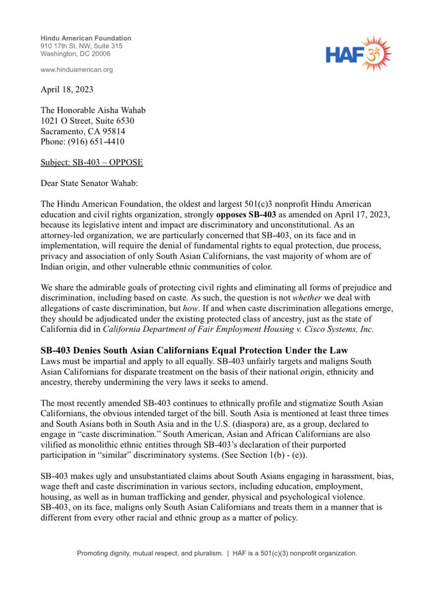 HinduAmerican's tweet photo. #JUSTIN | #SB403Amended | But still unacceptable.

Facing unprecedented opposition from South Asian Americans, Sen. Wahab’s office amended #SB403 removing some offensive language. 

But not enough. It is still #unconstitutional.

@HinduAmerican’s point-by-point rebuttal: https://t.co/cvYazMSzgS