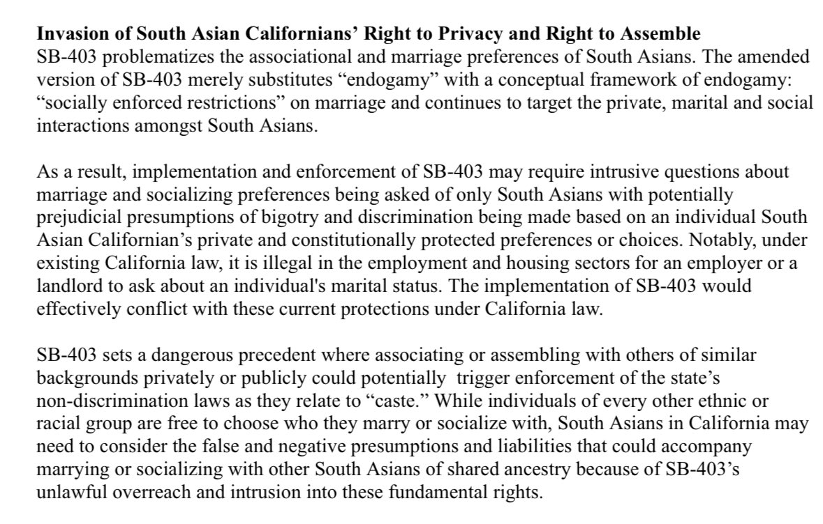 HinduAmerican's tweet photo. -#SB403 targets private, marital and social interactions amongst South Asians.
-#SB403 sets a dangerous precedent where associating with others of similar backgrounds privately or publicly could trigger enforcement of the state’s non-discrimination laws for only South Asians! https://t.co/3zf6lRQqOi