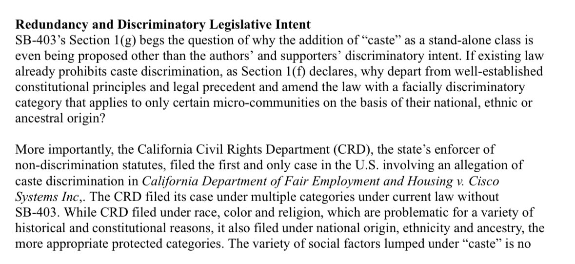 HinduAmerican's tweet photo. #SB403’s Section 1(g) states that “caste disc” is already covered under existing law including religion, ancestry, ethnicity, etc. 

So proposing a stand-alone class is redundant &amp; the language seems intentionally discriminatory! It’s why we #saynotoSB403! https://t.co/oaRwJrYWCV