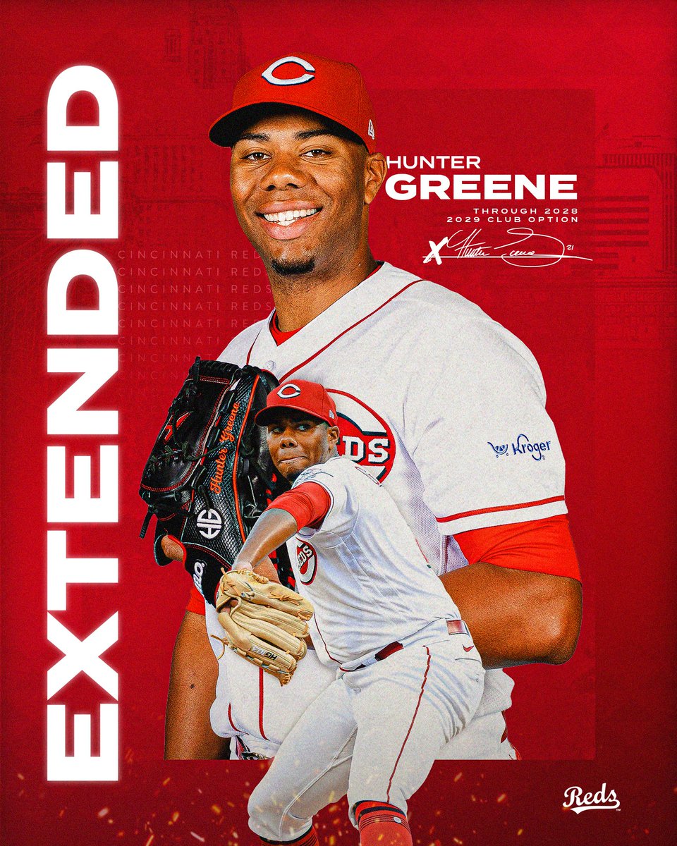 Reds's tweet photo. 🚨 HG EXTENDED 🚨

#Reds RHP Hunter Greene has signed a 6-year contract extension through 2028, with a club option for 2029. https://t.co/gYSn7BTwGg
