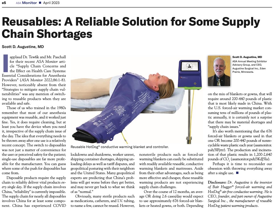 AugSurgical's tweet photo. There's a big concern about Supply Chain Shortages in Anesthesia, and patient warming is increasingly a problem these days. Here, Dr. Augustine writes about the value of reusable technologies as a solution for some of the shortages @ASAMonitor 

https://t.co/w8Z60lEbE0 https://t.co/dM9wPUPh7E