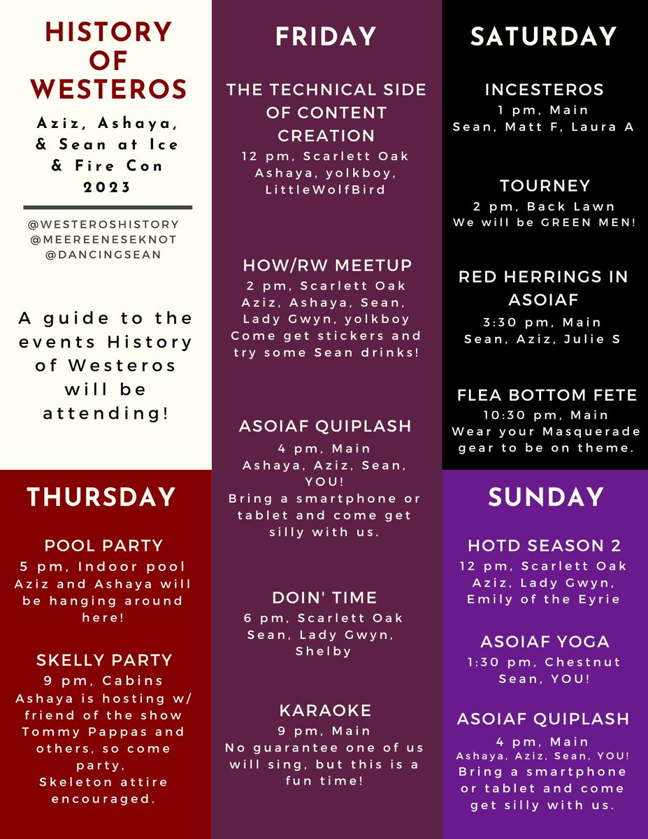History of Westeros Podcast ❄️🔥🩸 (@westeroshistory) on Twitter photo We are so excited for <a href="/IceAndFireCon/">Ice & Fire Con</a> in 9 days - here are the events that we will be attending and running, as well as our party plans. Hope to see some of y'all in person soon! We are so excited for <a href="/IceAndFireCon/">Ice & Fire Con</a> in 9 days - here are the events that we will be attending and running, as well as our party plans. Hope to see some of y'all in person soon!