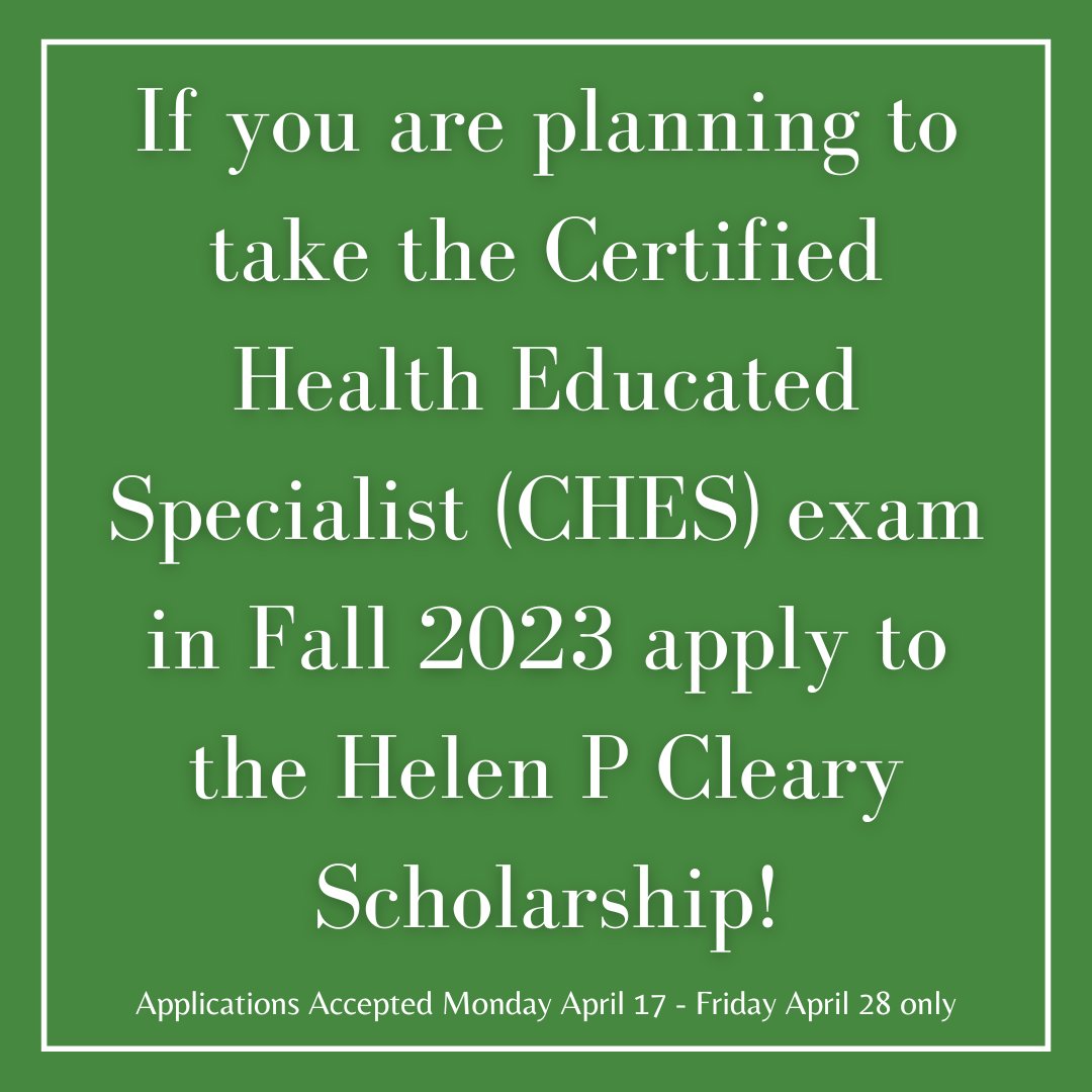 ASHAnews's tweet photo. The Society for Public Health Education (SOPHE) has released a new scholarship for those who are taking the CHES exam in fall 2023. The deadline for applications is Friday, April 28. 

Apply today: https://t.co/mpgw6eJEnt
#ASHAEducate #Schoolhealth #Publichealth #CHESExam https://t.co/RIiPNYYLzH