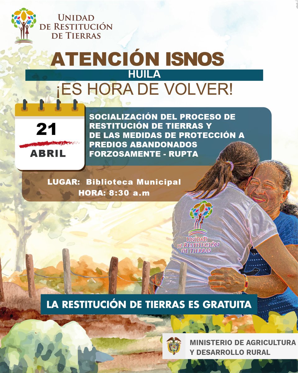 alcaldiadeisnos's tweet photo. #víctimas| ¡Atención Municipio de Isnos!
El 21 de abril, en la Biblioteca Municipal a las 8:30 am. Se realizará socialización del proceso de restitución de tierras y de medidas de protección a predios abandonados forzosamente.
#AlcaldíaDeIsnos #NestraLaborEsServir #Isnos https://t.co/ZhXsAqQHgq