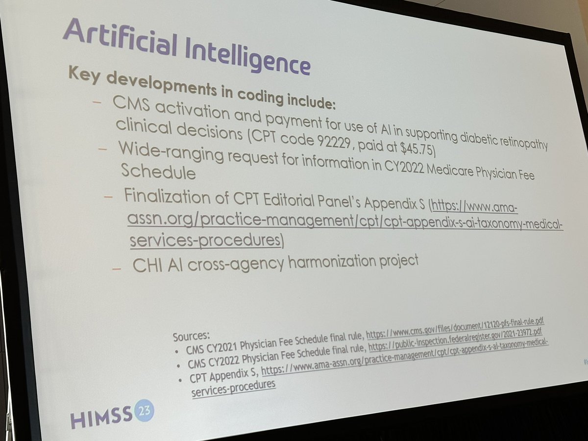 Big news! US will lead the way in coding (and payment) for #AI #augmentedintelligence use supporting #diabeticretinopthy clinical decisions (CPT Code 92229 paid at $45.75). 

#HIMSS23 #diabetes <a href="/AmDiabetesAssn/">American Diabetes Association</a> <a href="/CMSGov/">CMSGov</a>