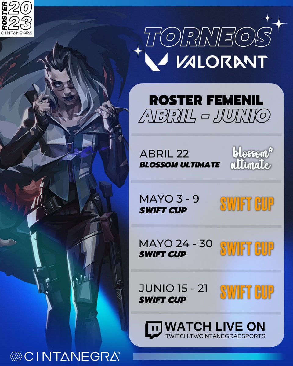 CintaNegraGC's tweet photo. ¡No te pierdas de los torneos en los que estarán participando nuestros rosters de #VALORANT! ⚡️
Aquí encontrarás toda la información sobre los torneos más próximos para apoyar a los chicos y chicas que conforman nuestros equipos 🥋 #CNPOWER https://t.co/TdzyodyINf