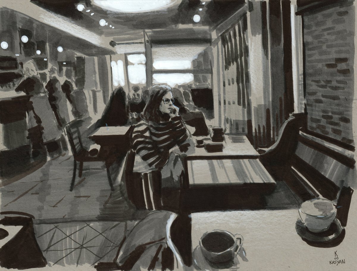 Brush pen, marker and white pencil sketch of a coffee shop #drawing #fromlife