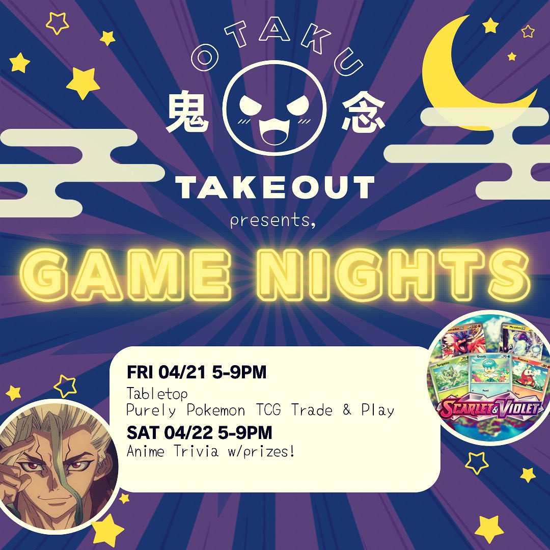 📣Calling all trainers! We’ve got our Purely Pokémon Trade &amp; Play this Friday night!⚡️
Come flex all your anime knowledge on our Saturday Trivia Night and win a prize!🤓
#otakutakeout #arkansasanime #animestore #trivia #anime