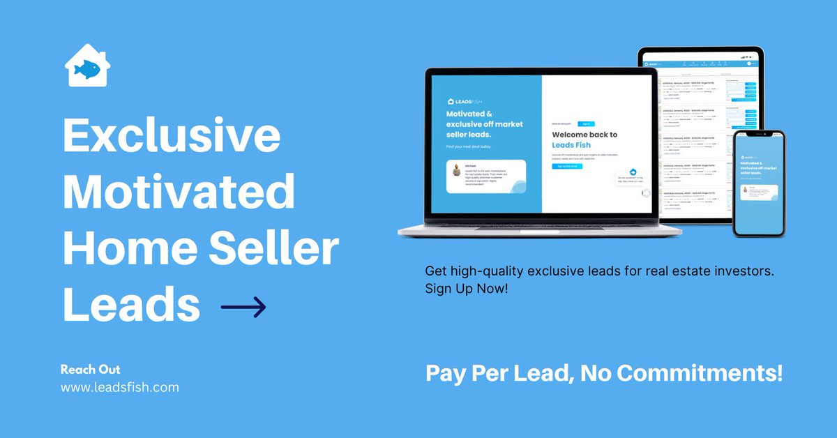 leadsfish's tweet image. Boost your business with exclusive, motivated home seller leads. Sign up with Leads Fish and get paid per lead, no commitments. Our marketplace offers off-market leads and valuable seller information. Sign up now and start closing more deals! Join us at leadsfish.com