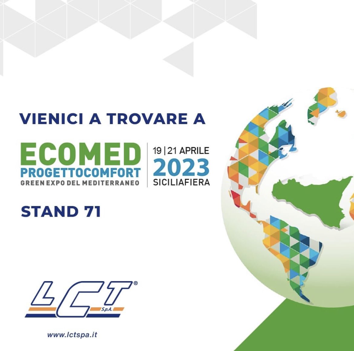 LctSpa's tweet photo. Veniteci a trovare dal 19 al 21 aprile all' Ecomed. 
Saremo presenti per esporvi tutte le nostre ultime innovazioni in termini di mezzi di ultima generazione, logistica e sostenibilità! #lctspa #green https://t.co/QYlzRm0hM0
