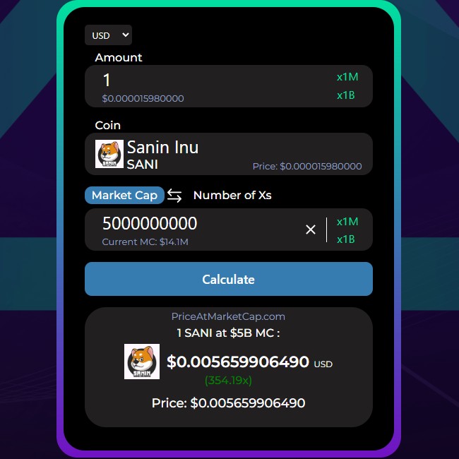 PriceAtMCap's tweet photo. 🐶 If $SANI (@SANININU) reaches $5B MC, that would be a 354x!

🔥 Calculate now the value of your tokens of any coins at a specific market cap on https://t.co/8iMCkacGpa!  

#PriceAtMarketCap #Crypto #Cryptocurrencies #CryptoCalculator #CryptoSimulation #CryptoTool https://t.co/G7hhXtkjRS