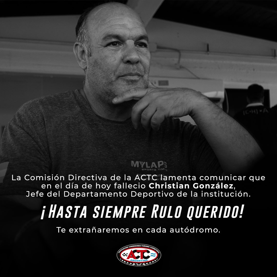 actcargentina's tweet photo. Falleció “Rulo” González, Jefe del Departamento deportivo de la institución.

La Comisión Directiva de la ACTC, lamenta comunicar que en el día de hoy, falleció Christian Gonzalez, Jefe del departamento deportivo de la institución. https://t.co/xjqroR3no2