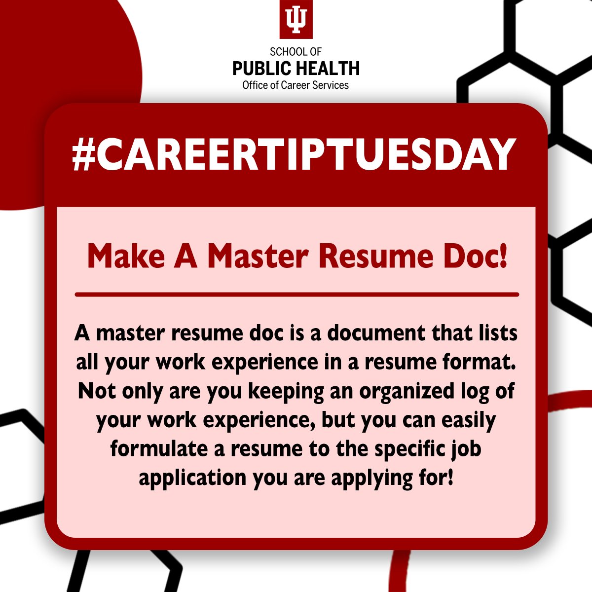 It is #CareerTipTuesday 🎉

Today’s tip is to create a master resume doc! Be sure to reach out to career services if you have any questions when creating your resume.📝 

#SPHCareerServices #MasterResumeDoc