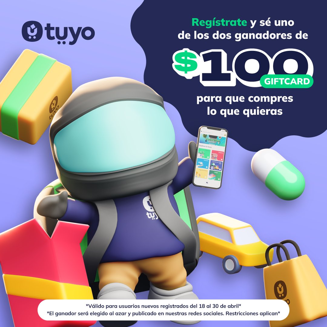 Regístrate en 👉🏻 tuyoapp.com/register y se uno de los dos ganadores de $100 🤑 para que compres lo que quieras en Tuyo, el marketplace de #ElSalvador 🇸🇻🚀